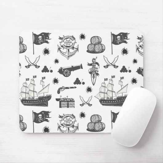 Schepen, kanonnen, zwaarden en wijnen, piraatthema muismat (Met muis)