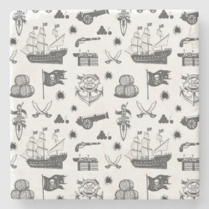 Schepen, kanonnen, zwaarden en wijnen, piraatthema stenen onderzetter