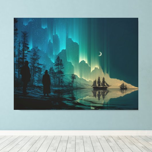 Schepen onder de maansikkel en het noorderlicht canvas afdruk (Insitu (Houten vloer))