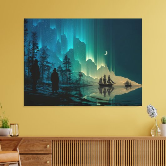 Schepen onder de maansikkel en het noorderlicht canvas afdruk (Insitu (Woonkamer))