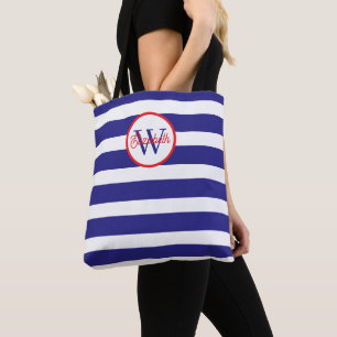Scherpe blauwe en witte strepen monogram draagtas