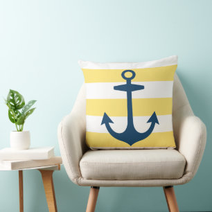 Scherpe Navy Blauwe Anker met Gele Strepen Kussen