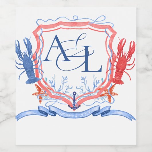 Scherpe Rode Blauwe Kreeft Kuif Monogram Wijn Etiket (Enkel label)