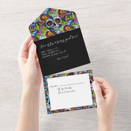 Scherpe Suiker Schedels All In One Uitnodiging (Afscheurbaar)