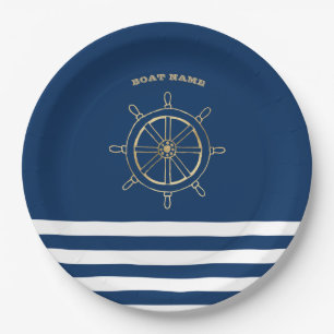 Scherpzinnig, Gouden scheepswiel, marineblauwe str Papieren Bordje