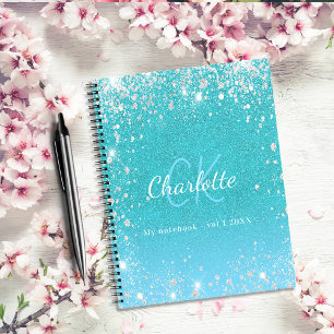 Schetchbook blauwgroen blauwe glitter aqua groene notitieboek