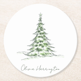 Schets Pine Kerstboom Minimale scriptnaam Ronde Kartonnen Onderzetter