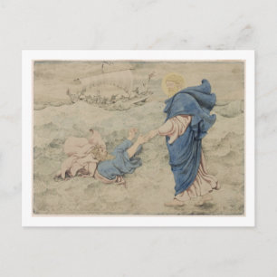 Schets van Christus die op water loopt (w/c op pap Briefkaart