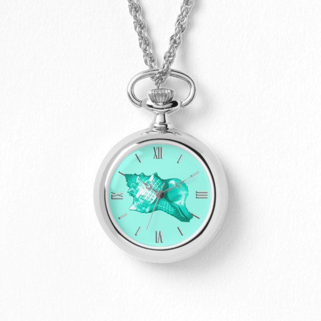 Schets van de schelp van de kegel - turquoise, wit horloge (Voorkant)