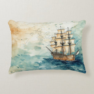 Schets van een oud zeilschip met zeekaart accent kussen