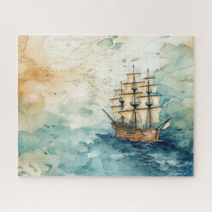 Schets van een oud zeilschip met zeekaart legpuzzel
