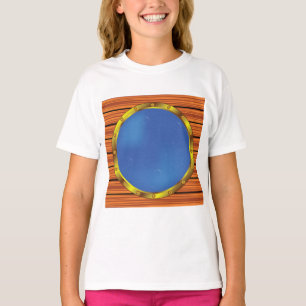 Schets van een scheepspatrijspoort met blauwe zee t-shirt