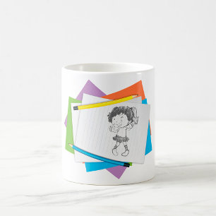 Schets van een speelse meid met kleurpotloden koffiemok