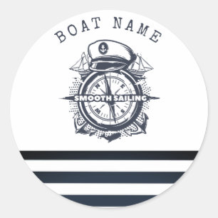 Schets Zeehoed, Anker, Wiel Navyblauw Gestreepte Ronde Sticker
