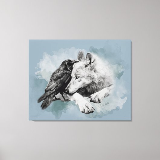 Schets Zwarte en Witte Wolf en Kraai Canvas Afdruk (Voorkant)