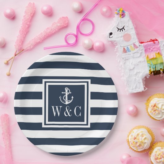 Schetsanker Monogram Navyblauwe Streep Papieren Bordje (Feest)