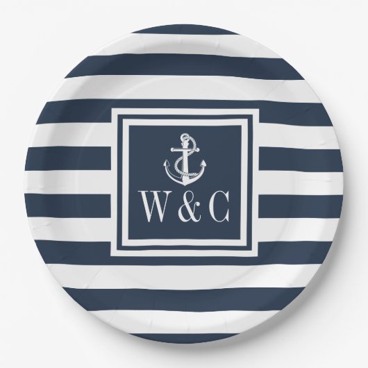 Schetsanker Monogram Navyblauwe Streep Papieren Bordje (Voorkant)