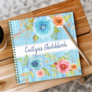 Schetsboek blauw hout waterverf bloemenschrift naa notitieboek