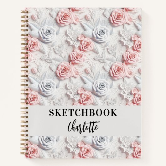 Schetsboek bloemen roze wit naam script notitieboek (Voorkant)