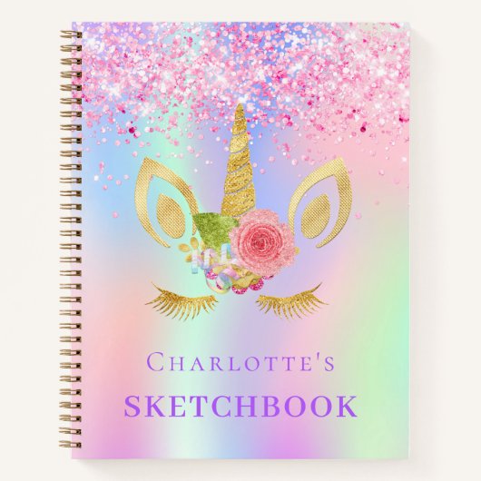 Schetsboek eenhoorn gezicht roze paarse holografis notitieboek (Voorkant)