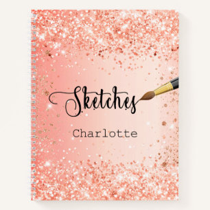 Schetsboek oranje roos goudglitter naam verf notitieboek