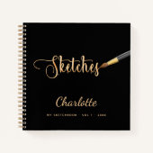 Schetsboek zwarte gouden verfborstelscriptnaam notitieboek (Voorkant)