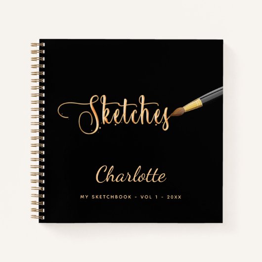 Schetsboek zwarte gouden verfborstelscriptnaam notitieboek (Voorkant)