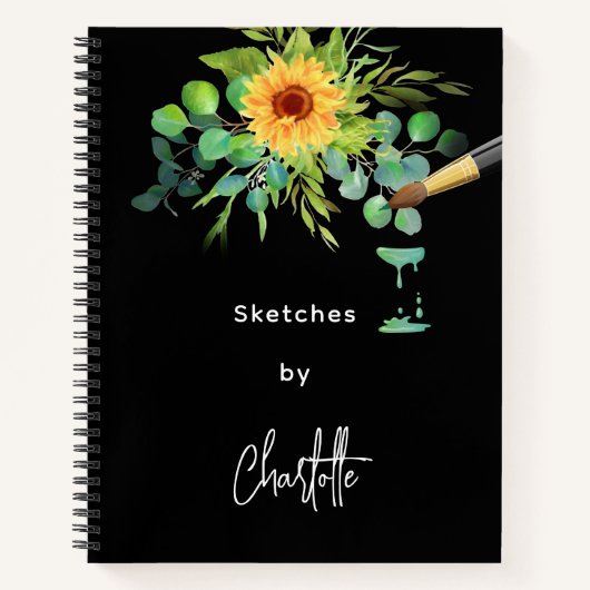 Schetskoek zonnebloemen eucalyptuszwart notitieboek (Voorkant)