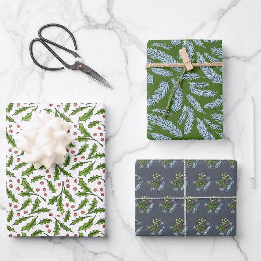 Schetste Winter Branches Holly en Spruce Pattern Inpakpapier Vel (Voorkant)