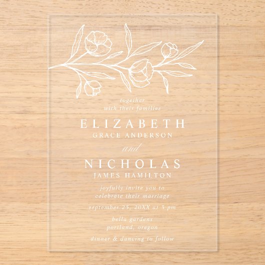 Schetste witte bloemen bruiloft acryl uitnodigingen (Voorkant)