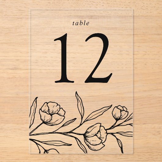 Schetste Zwarte Bloemen Acryl Trouwtafel Nummer Acryl Uitnodigingen (Voorkant)