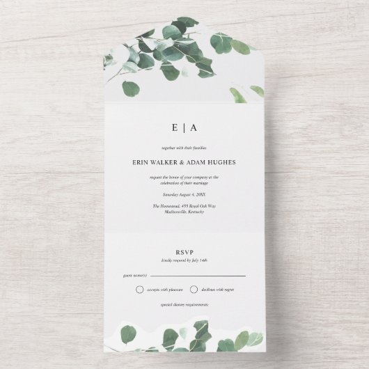 Scheur af Botanische Waterverf Eucalyptus Bruiloft All In One Uitnodiging (Binnen)
