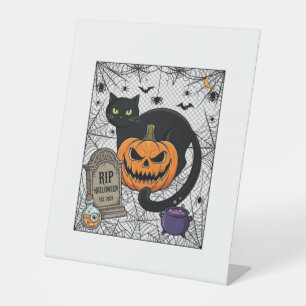 Scheur Halloween Zwarte Kat Pompoen Grafsteen Kete Reclamebord Met Voetstuk