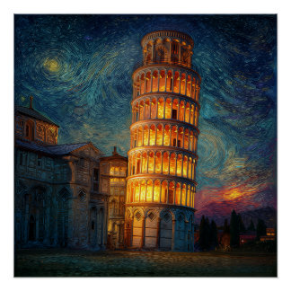 Scheve Toren van Pisa 's nachts Perfect Poster
