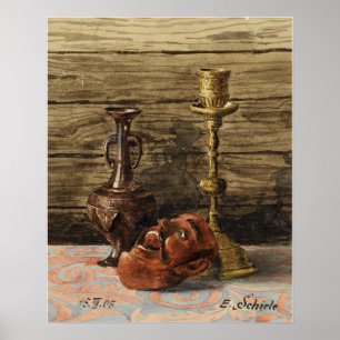 Schiele - Stilleven met kaarsenstandaardvaas en ma Poster