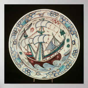 Schijf geschilderd met een schip poster