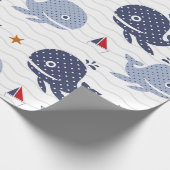 Schildblauwe walvissen en vaartuigen-nautisch patr cadeaupapier (Hoek)