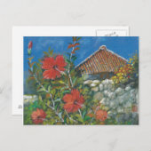 Schilder Briefkaart Hibiscus en Okinawan House (Voorkant / Achterkant)