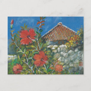 Schilder Briefkaart Hibiscus en Okinawan House