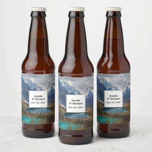 Schilderachtig Alpenbergen Fotobruiloft Bier Etiket (Flessen)
