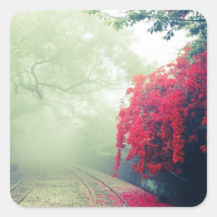 Schilderachtig foto van Misty Railroad Tracks Vierkante Sticker