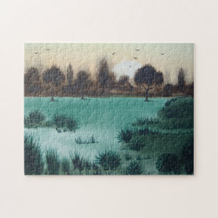 schilderachtig landschapszonsondergang boven bosgr legpuzzel