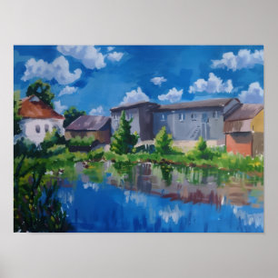 Schilderachtig meer landschapsschildering en platt poster