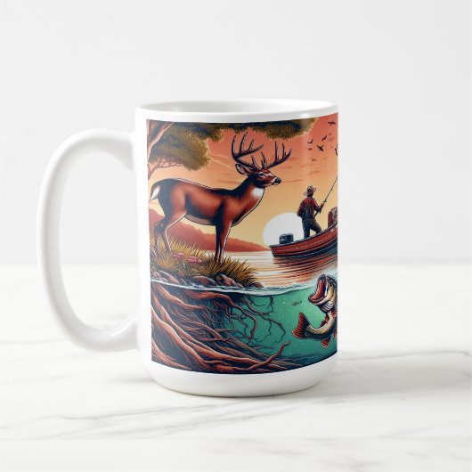 Schilderachtig outdoor Vissende boot, herten en ba Koffiemok (Links)