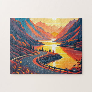 Schilderachtig reizen op kronkelende weg, zonsonde legpuzzel