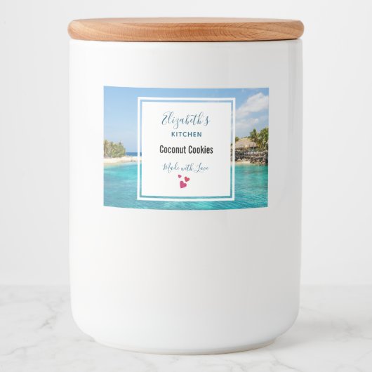 Schilderachtig Tropisch strand met Thatched Huts F Voedselcontainer Etiket (Voorkant)