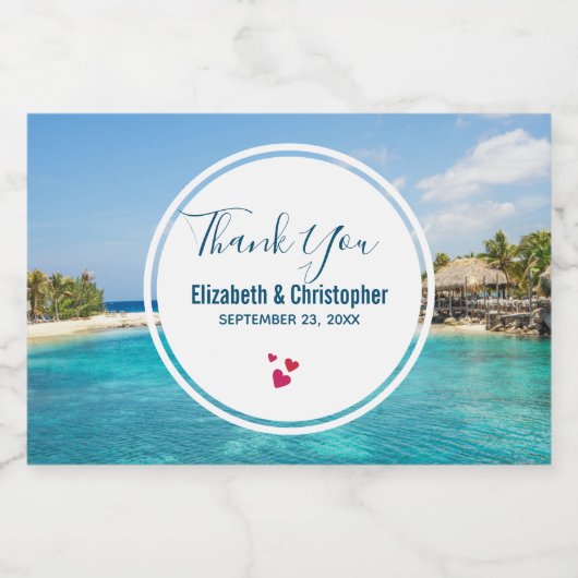 Schilderachtig Tropisch strand met Thatched Huts F Voedselcontainer Etiket (Enkel label)