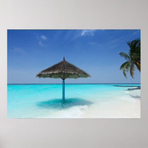 Schilderachtig Tropisch strand met Thatched Umbrel Poster