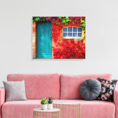 Schilderachtig Turquoise-deur met levendige herfst Canvas Afdruk (Insitu (Woonkamer))