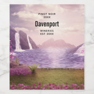 Schilderachtig watervallen door een meer-wijnberei wijn etiket